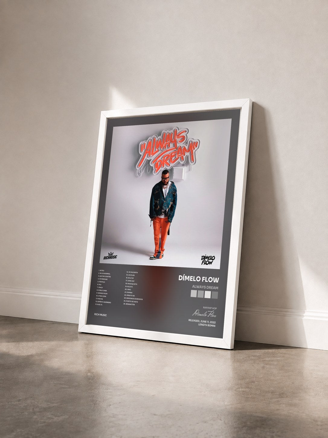#blanc Tableau de l'album Always Dream de Dímelo Flow vu de trois quarts, cadre blanc