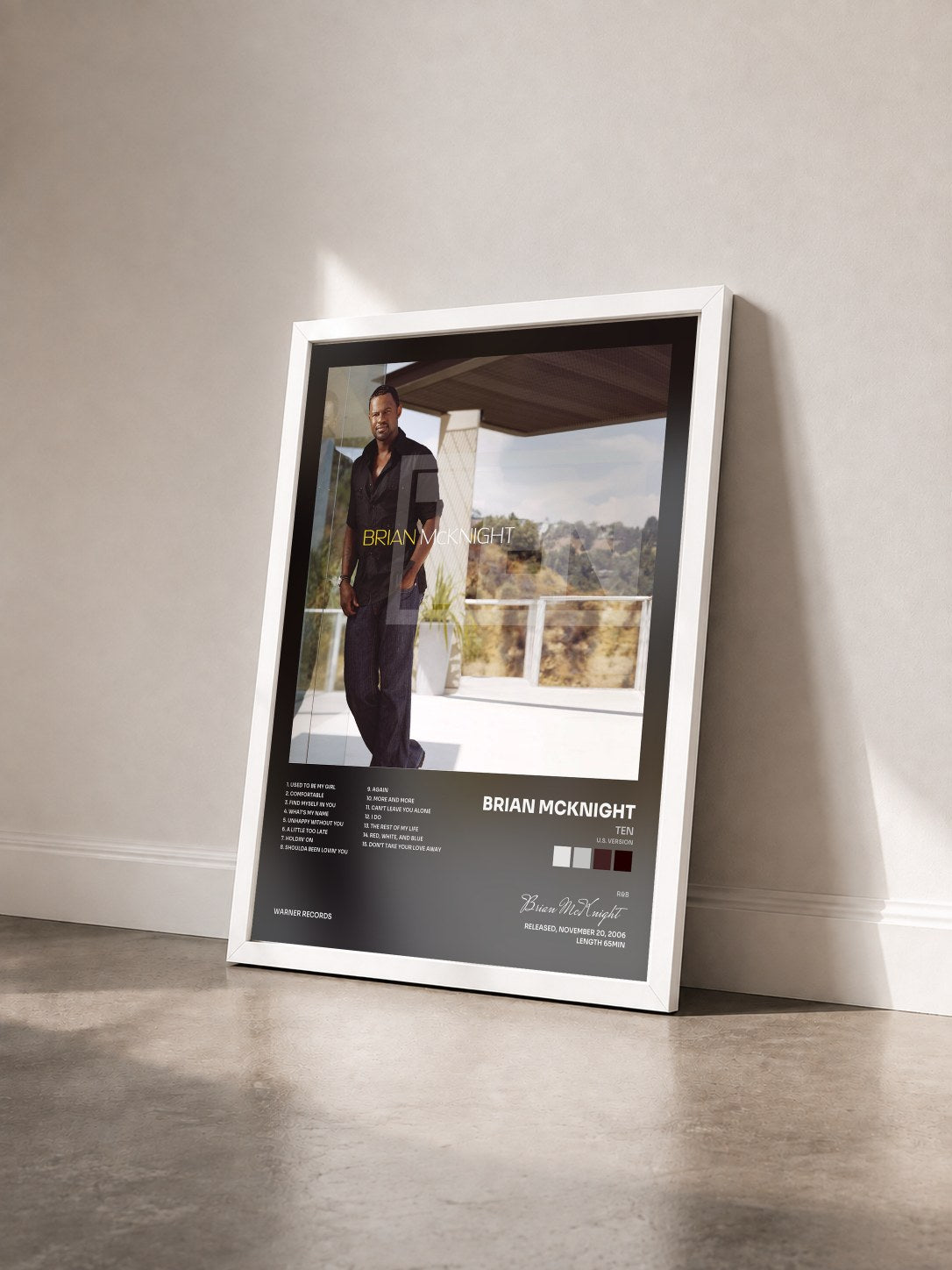 #blanc Tableau de l'album Ten (U.S. Version) de Brian McKnight vu de trois quarts, cadre blanc