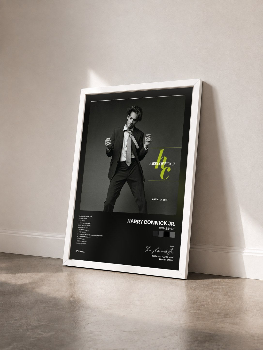 #blanc Tableau de l'album Come By Me de Harry Connick Jr. vu de trois quarts, cadre blanc