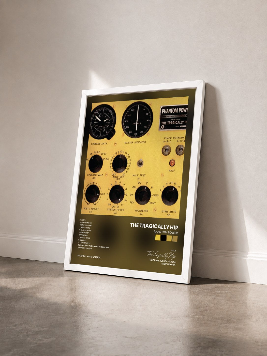 #blanc Tableau de l'album Phantom Power de The Tragically Hip vu de trois quarts, cadre blanc