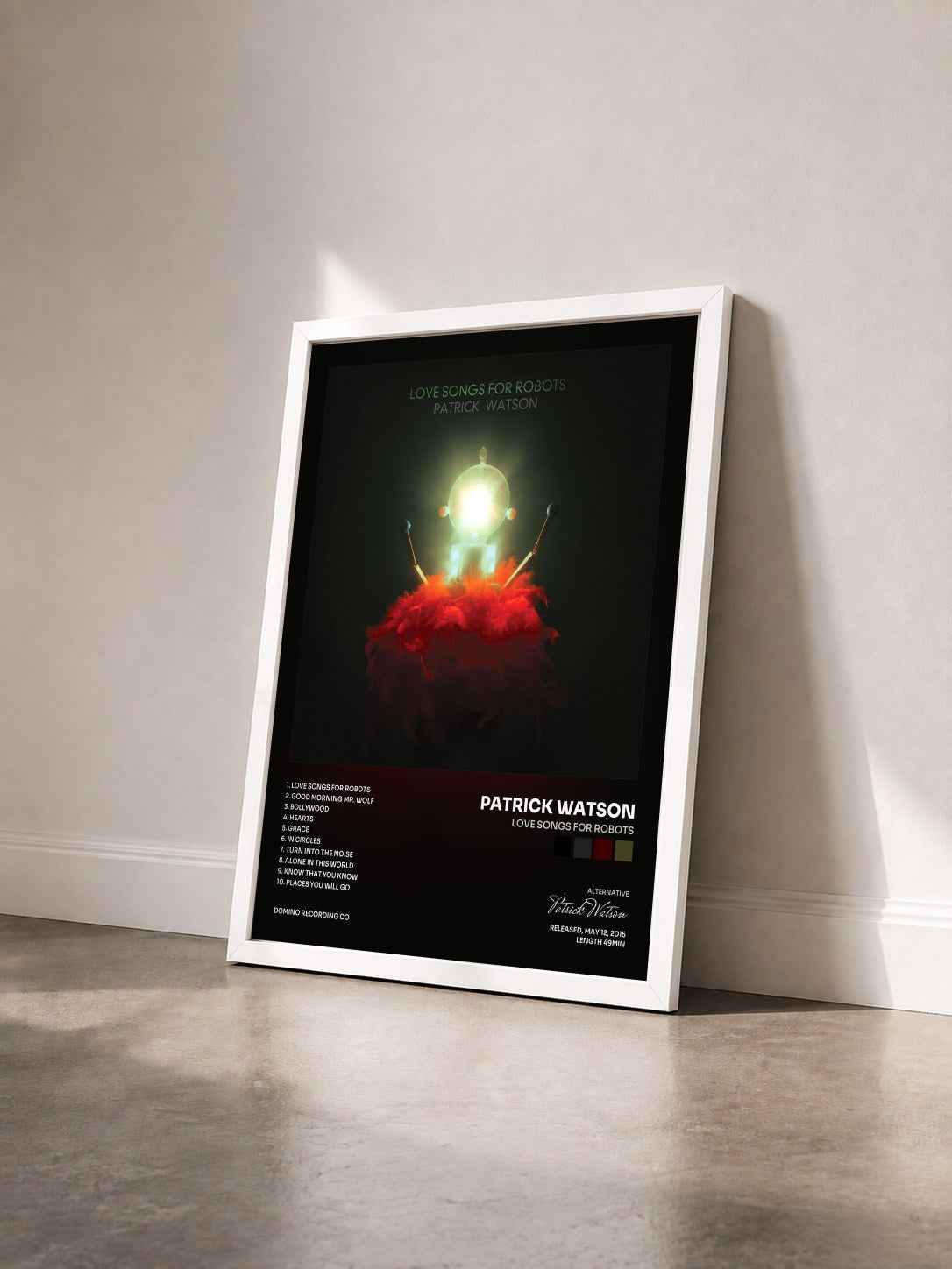 #blanc Tableau de l'album Love Songs For Robots de Patrick Watson vu de trois quarts, cadre blanc