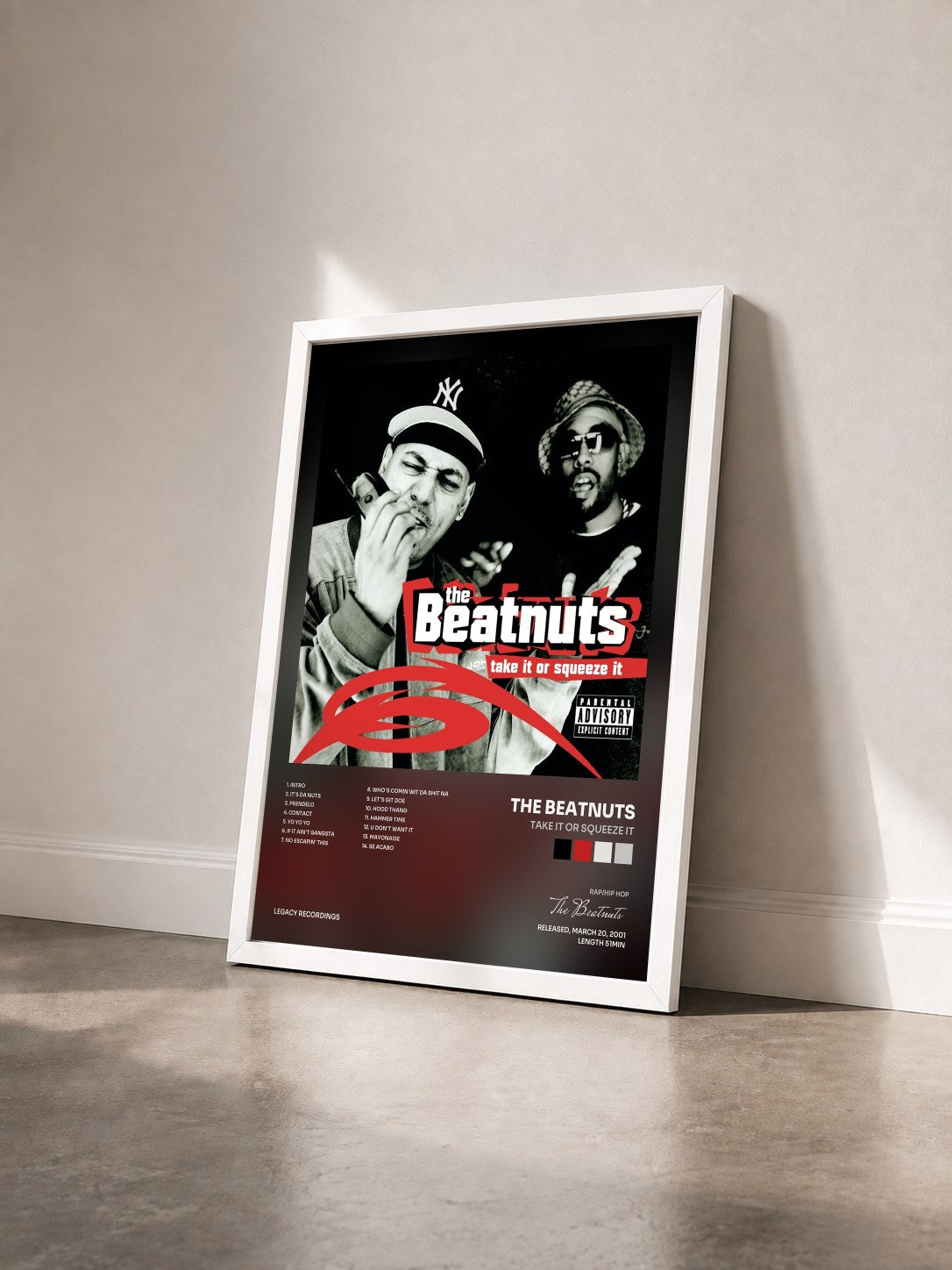 #blanc Tableau de l'album Take It Or Squeeze It de The Beatnuts vu de trois quarts, cadre blanc