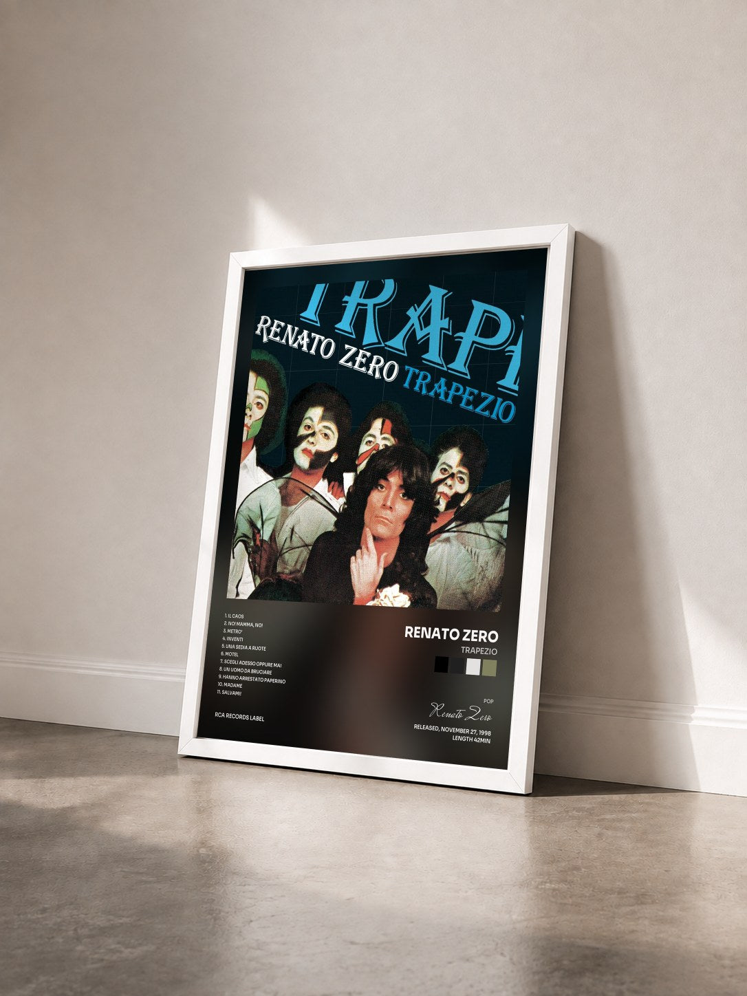 #blanc Tableau de l'album Trapezio de Renato Zero vu de trois quarts, cadre blanc