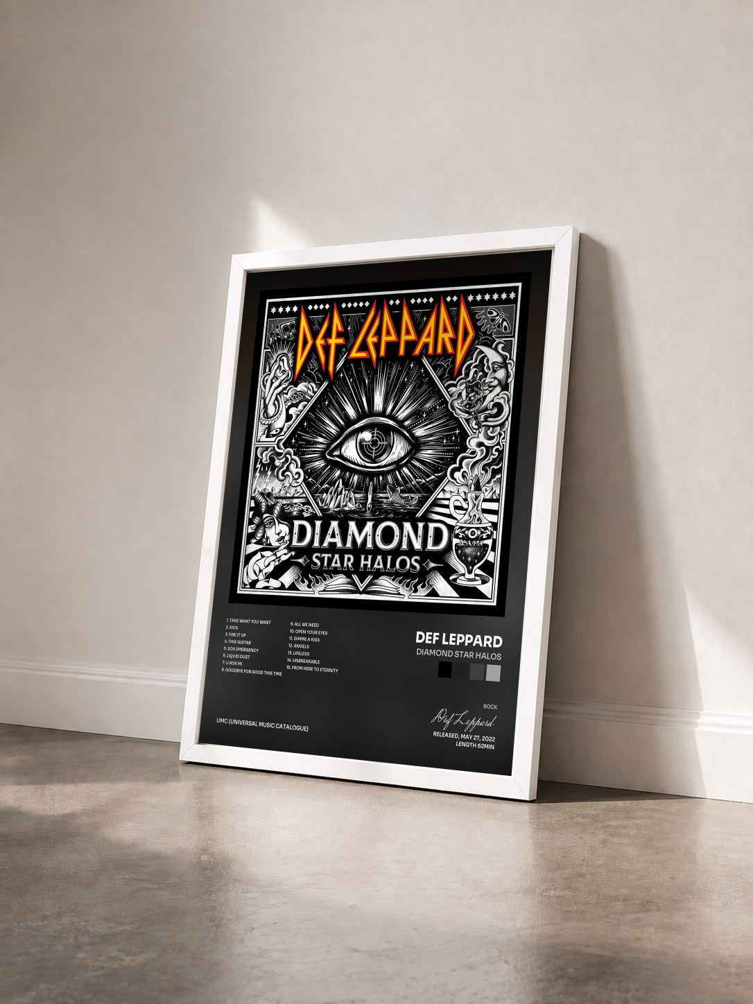 #blanc Tableau de l'album Diamond Star Halos de Def Leppard vu de trois quarts, cadre blanc