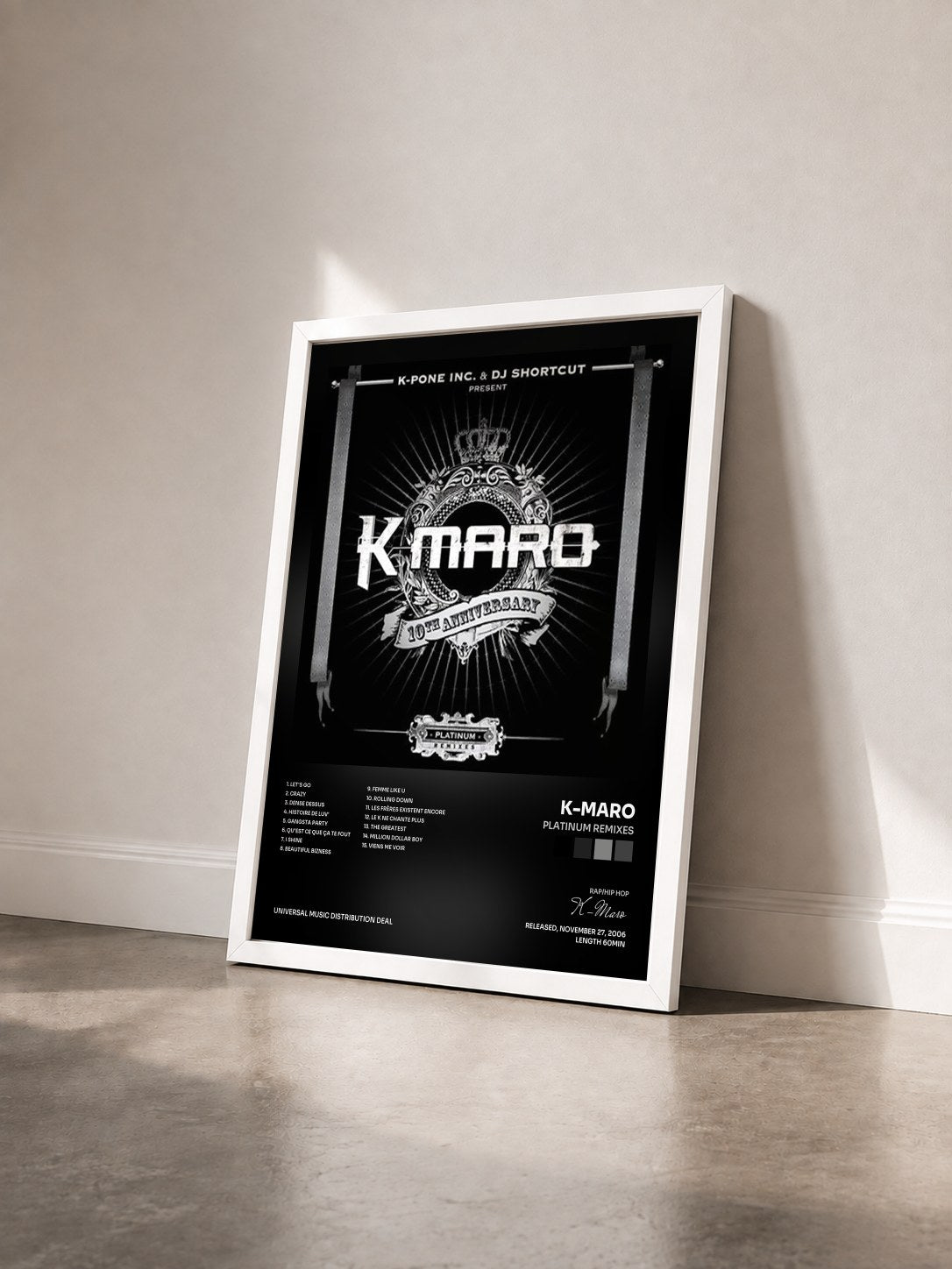 #blanc Tableau de l'album Platinum Remixes de K-Maro vu de trois quarts, cadre blanc