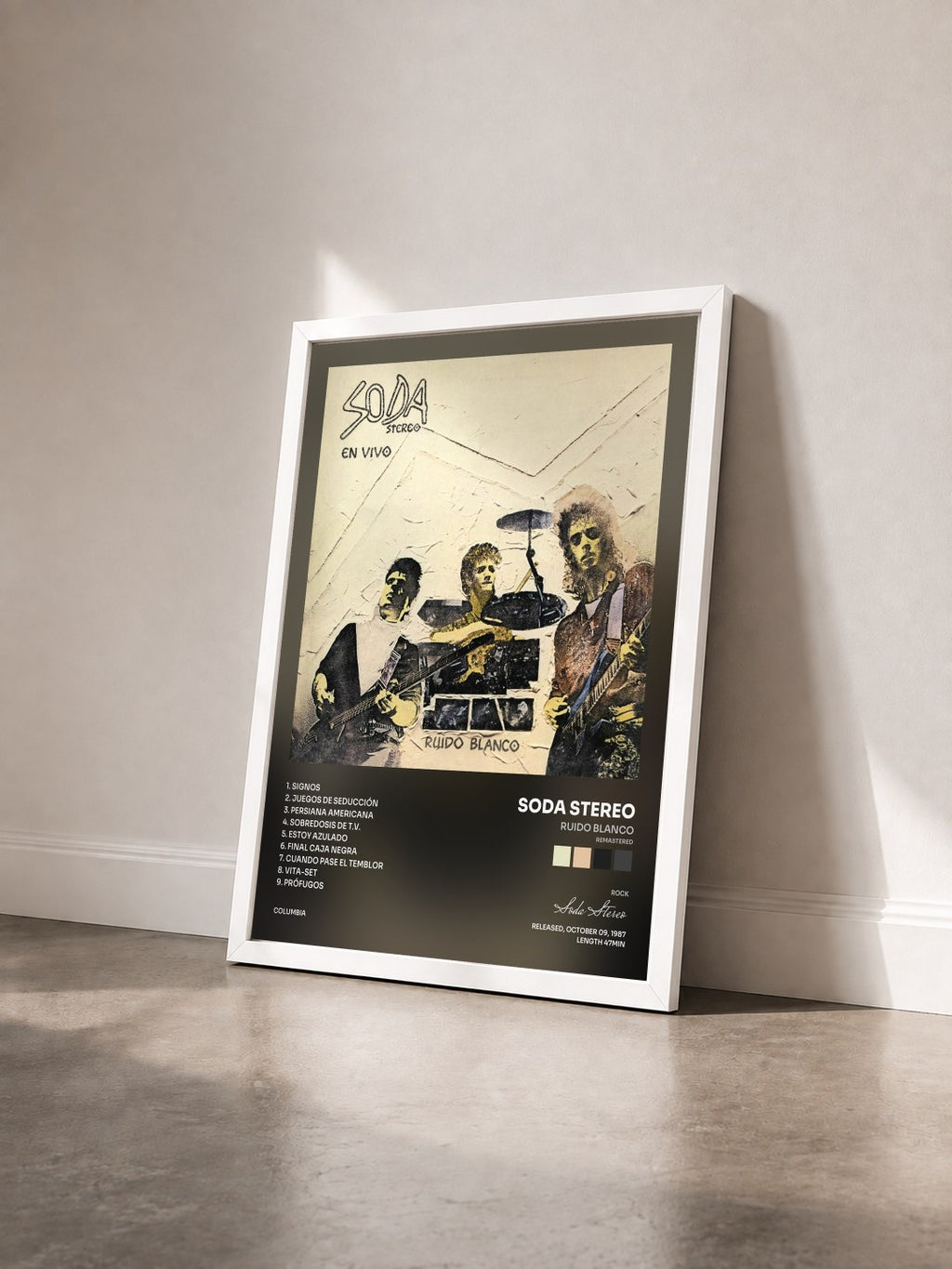 #blanc Tableau de l'album Ruido Blanco (Remastered) de Soda Stereo vu de trois quarts, cadre blanc