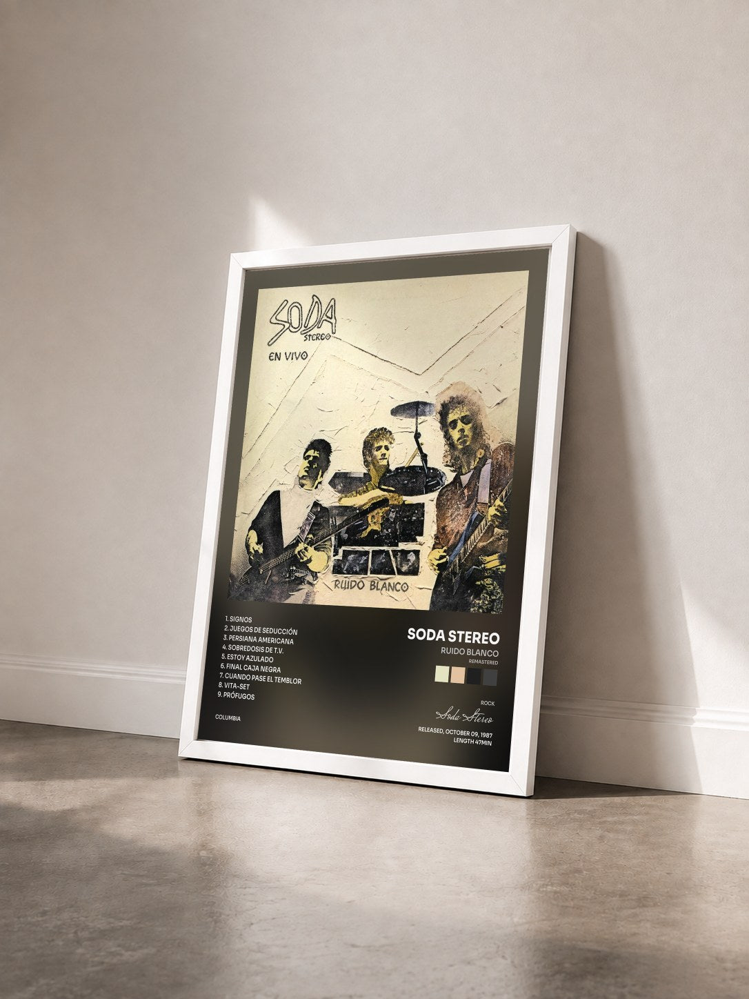 #blanc Tableau de l'album Ruido Blanco (Remastered) de Soda Stereo vu de trois quarts, cadre blanc