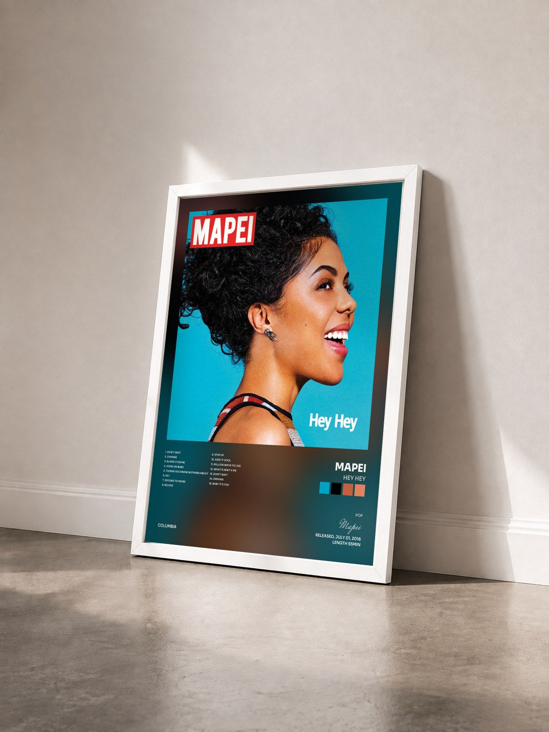 #blanc Tableau de l'album Hey Hey de Mapei vu de trois quarts, cadre blanc