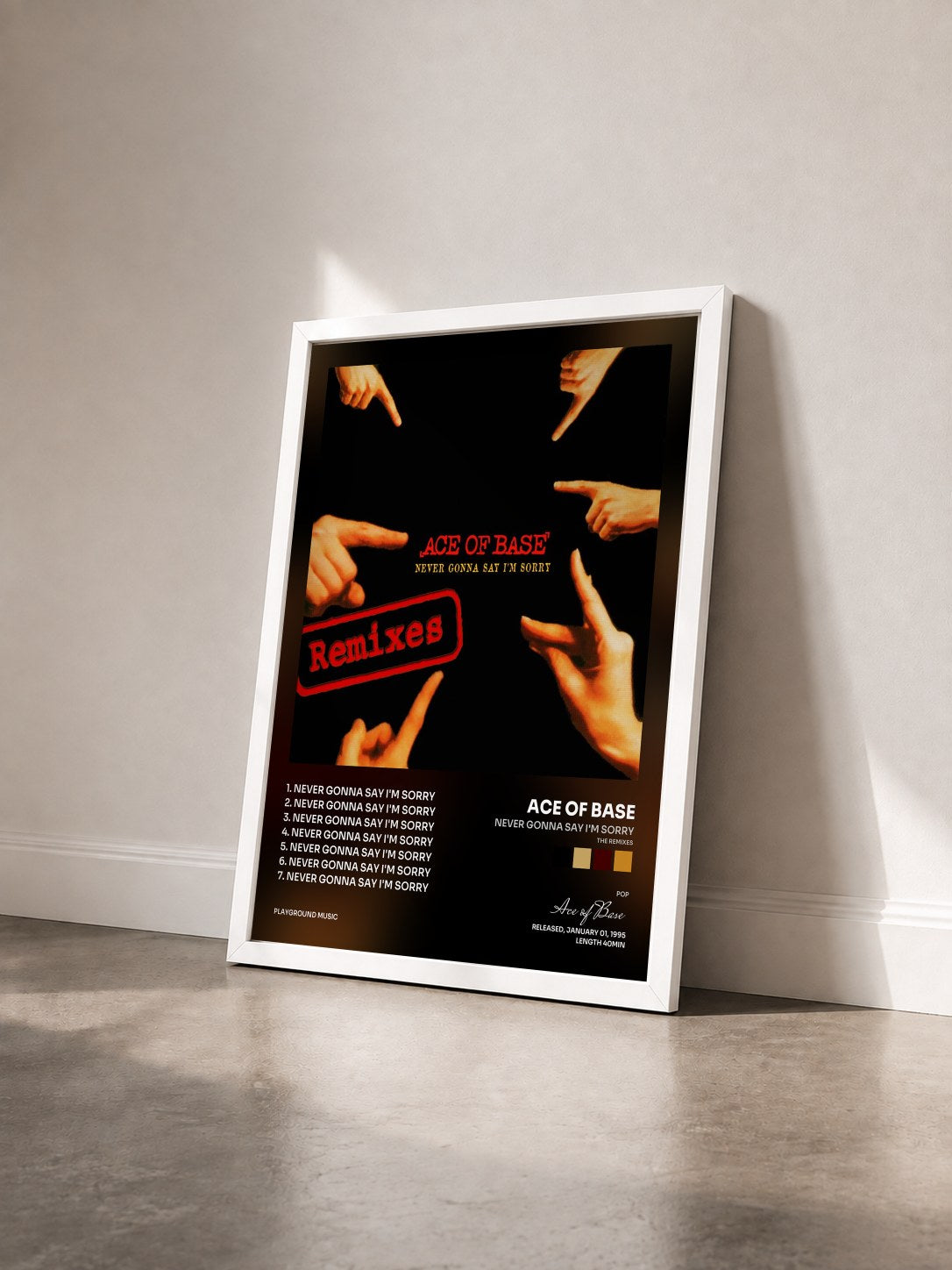 #blanc Tableau de l'album Never Gonna Say I'm Sorry (The Remixes) de Ace of Base vu de trois quarts, cadre blanc
