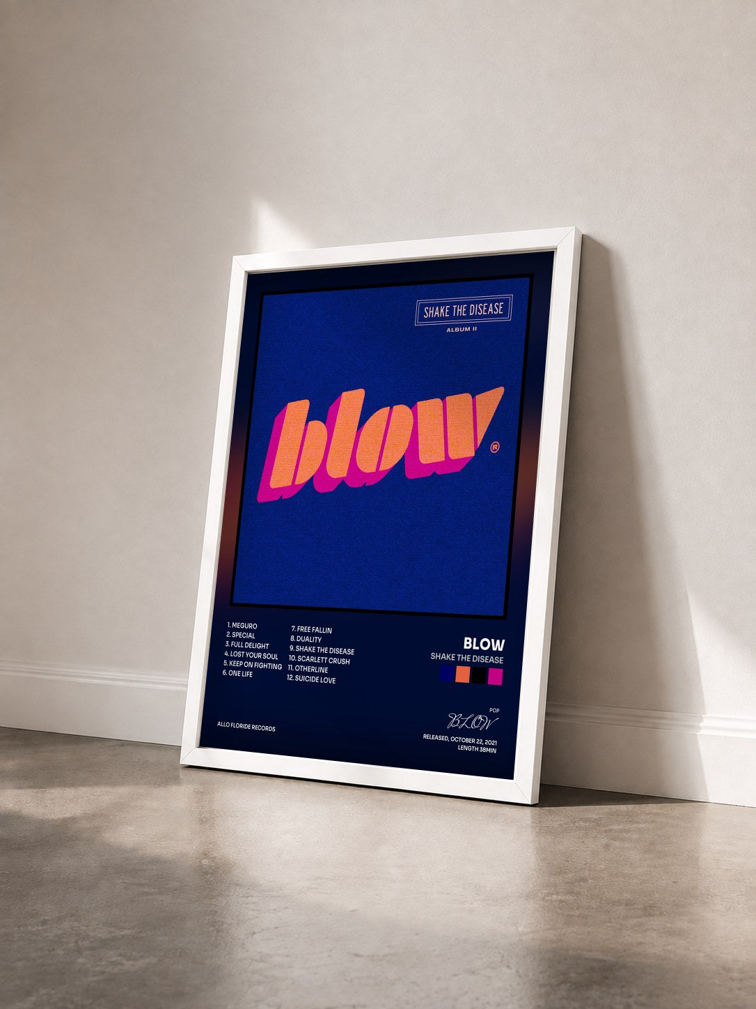 #blanc Tableau de l'album Shake the Disease de BLOW vu de trois quarts, cadre blanc