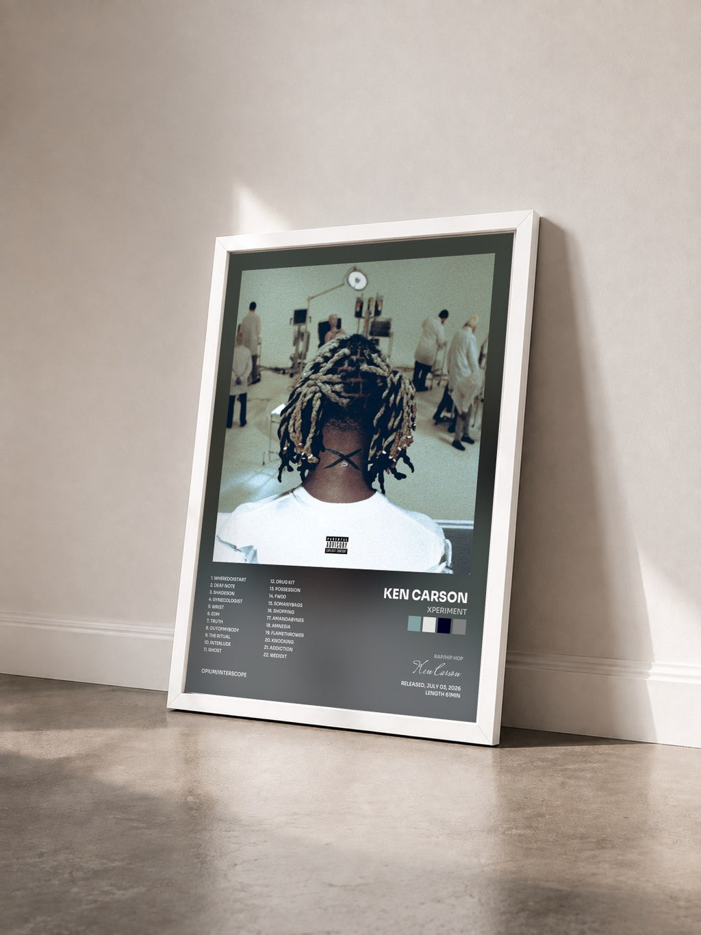 #blanc Tableau de l'album xperiment de Ken Carson vu de trois quarts, cadre blanc