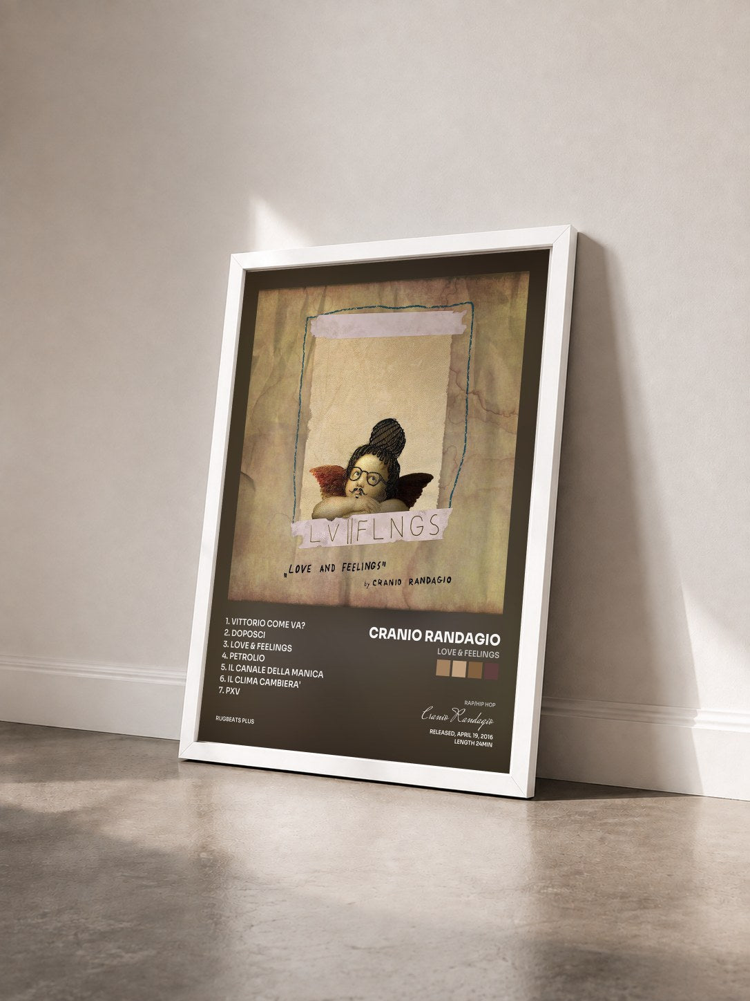 #blanc Tableau de l'album Love & Feelings de Cranio Randagio vu de trois quarts, cadre blanc
