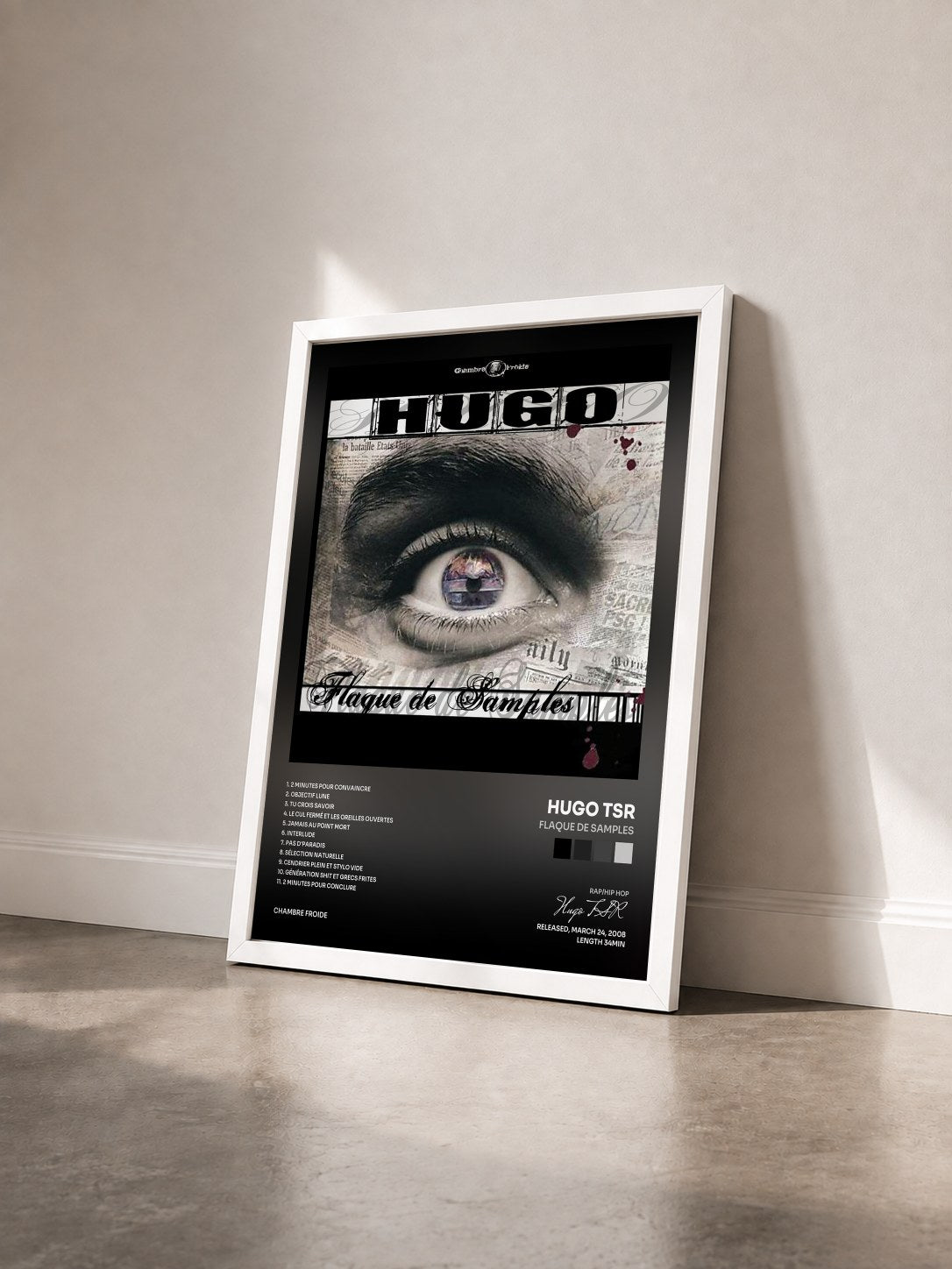 #blanc Tableau de l'album Flaque De Samples de Hugo TSR vu de trois quarts, cadre blanc