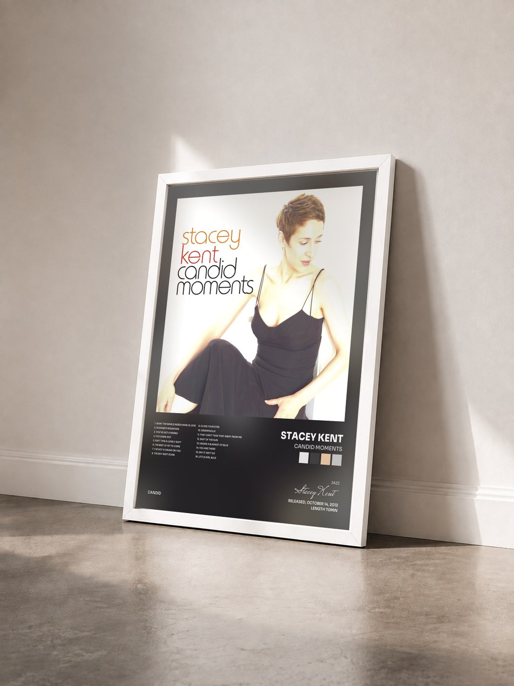 #blanc Candid Moments by Stacey Kent as a framed art print seen at an angle, white frame