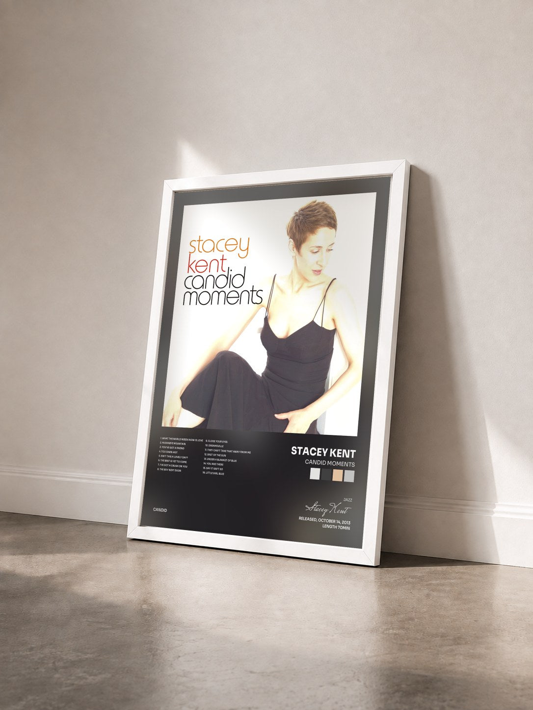 #blanc Tableau de l'album Candid Moments de Stacey Kent vu de trois quarts, cadre blanc