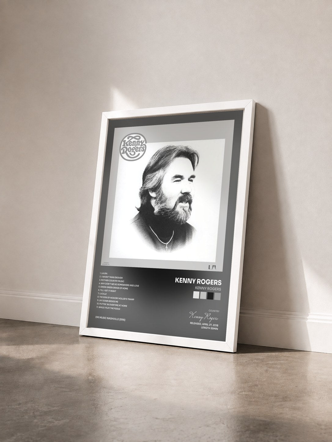 #blanc Tableau de l'album Kenny Rogers de Kenny Rogers vu de trois quarts, cadre blanc