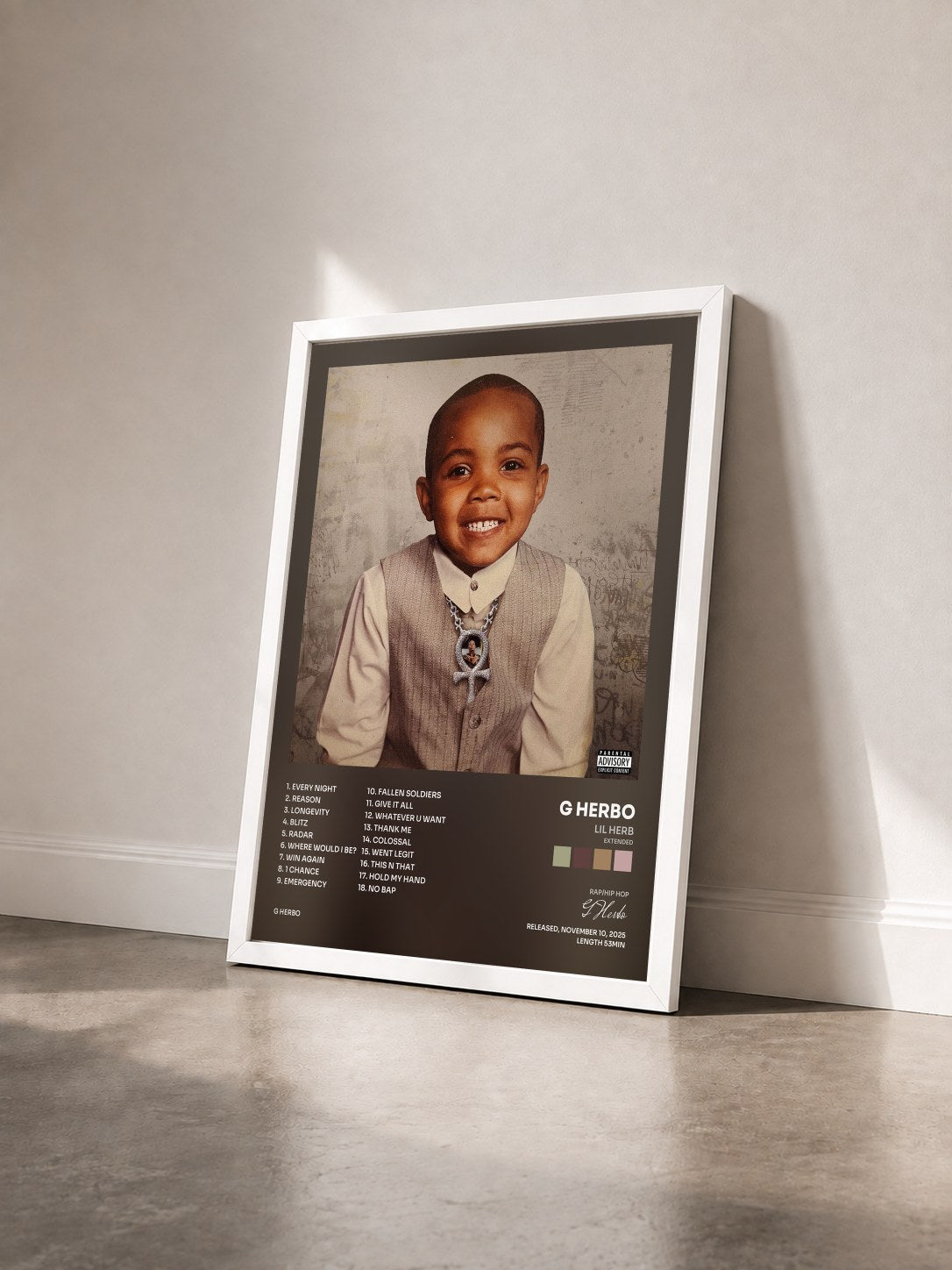 #blanc Tableau de l'album Lil Herb (Extended) de G Herbo vu de trois quarts, cadre blanc