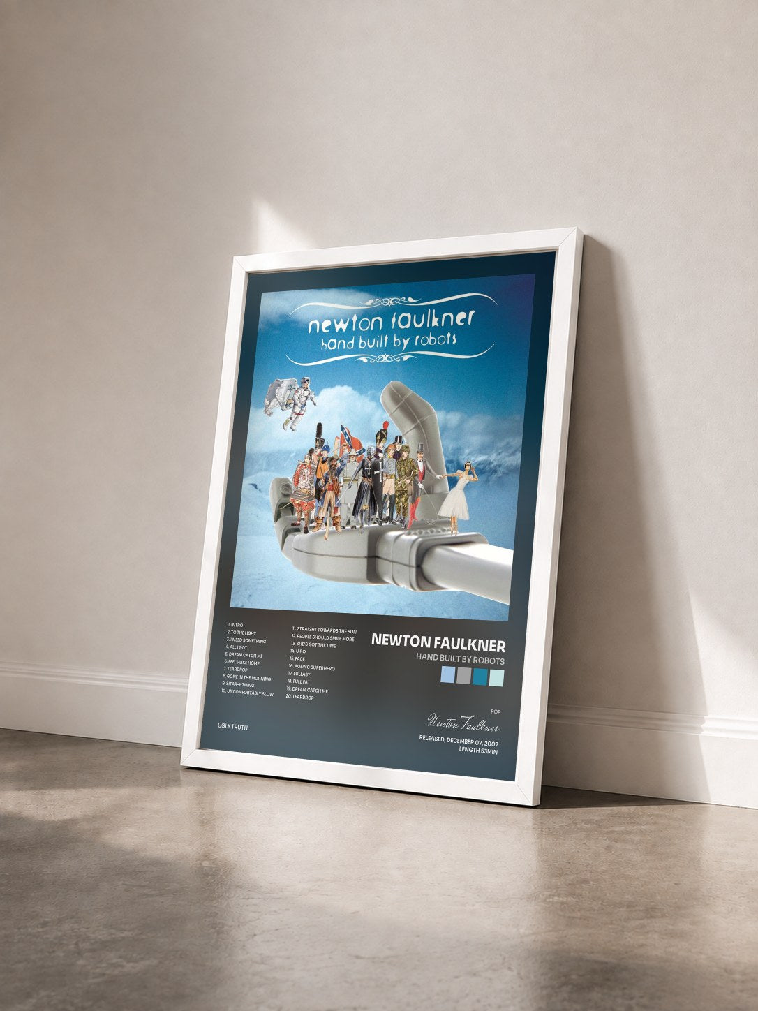 #blanc Tableau de l'album Hand Built By Robots de Newton Faulkner vu de trois quarts, cadre blanc
