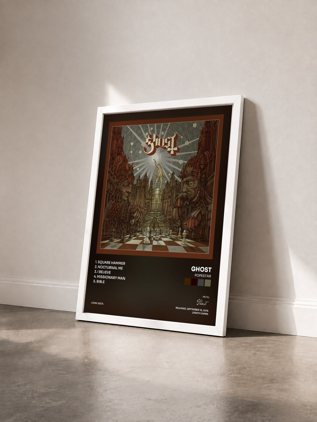 #blanc Tableau de l'album Popestar de Ghost vu de trois quarts, cadre blanc