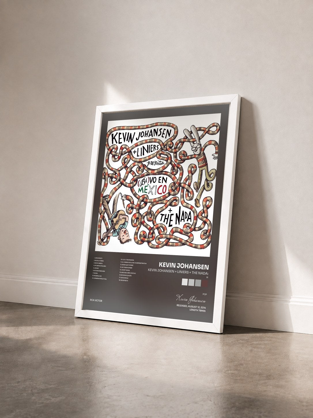 #blanc Tableau de l'album Kevin Johansen + Liniers + The Nada: (Bi)vo en México de Kevin Johansen vu de trois quarts, cadre blanc