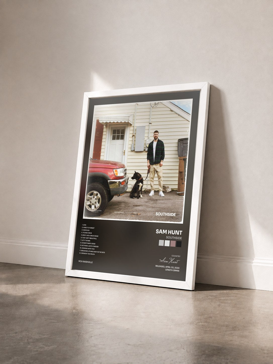 #blanc Tableau de l'album SOUTHSIDE de Sam Hunt vu de trois quarts, cadre blanc
