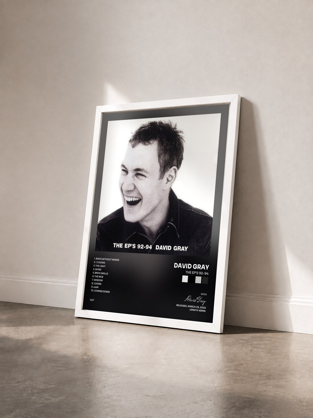 #blanc Tableau de l'album The EP's 92-94 de David Gray vu de trois quarts, cadre blanc
