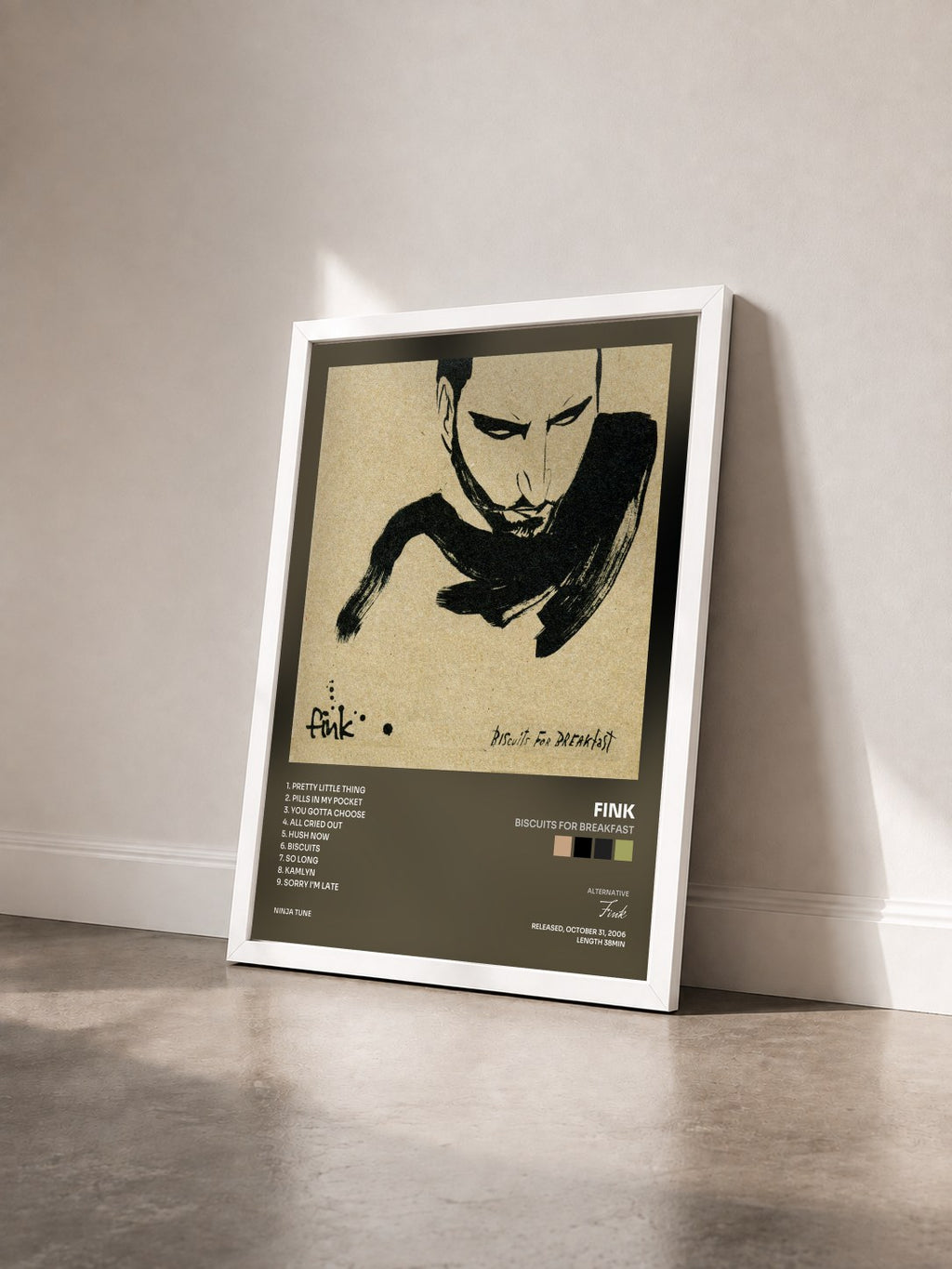 #blanc Tableau de l'album Biscuits For Breakfast de Fink vu de trois quarts, cadre blanc
