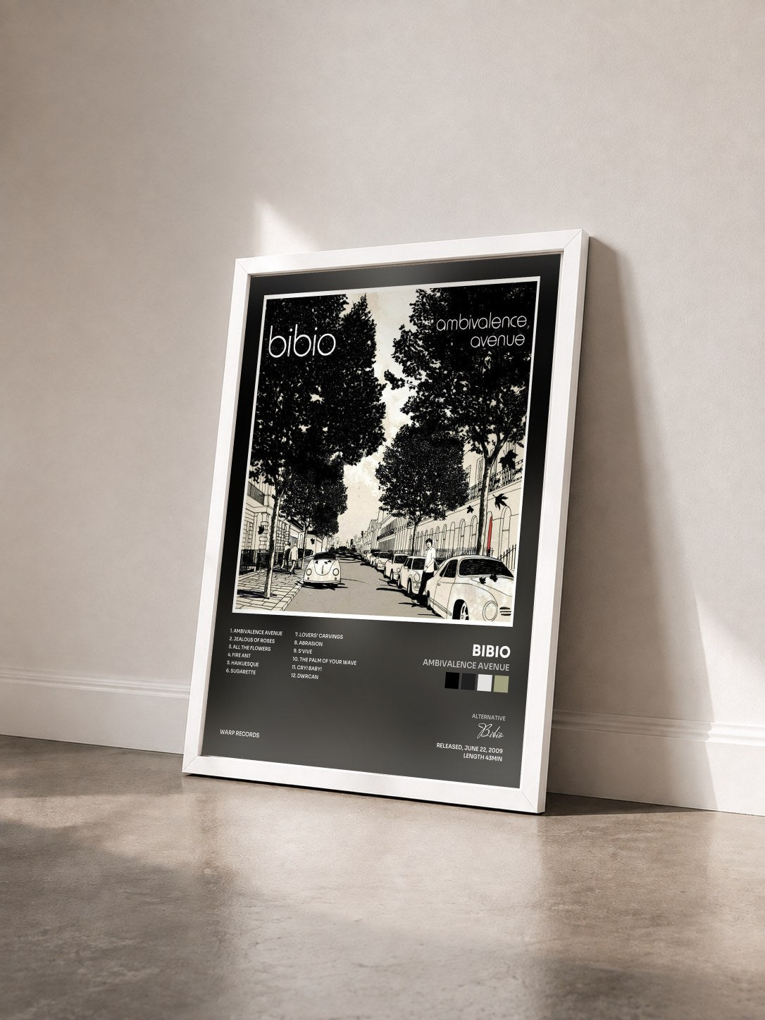 #blanc Tableau de l'album Ambivalence Avenue de Bibio vu de trois quarts, cadre blanc