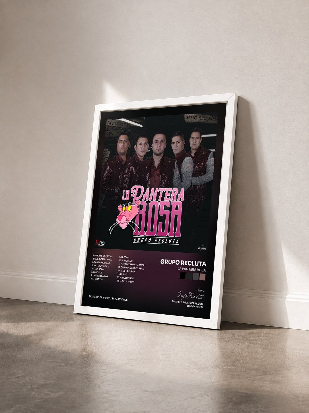 #blanc Tableau de l'album La Pantera Rosa de Grupo Recluta vu de trois quarts, cadre blanc