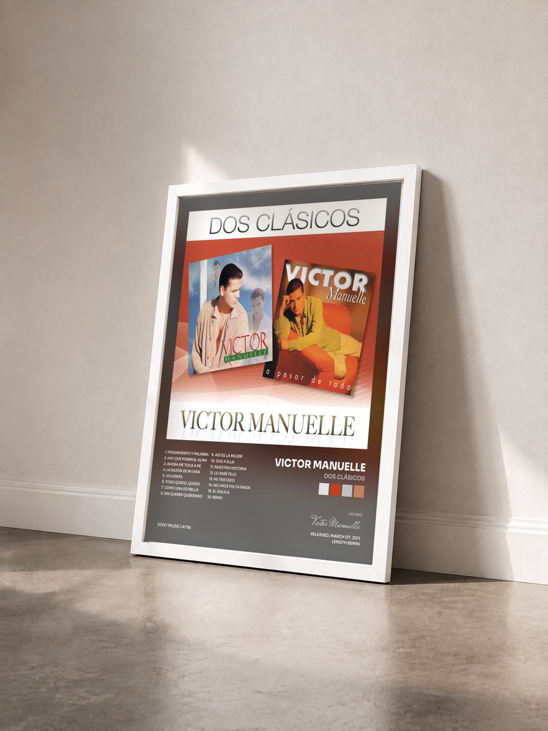 #blanc Tableau de l'album Dos Clásicos de Victor Manuelle vu de trois quarts, cadre blanc