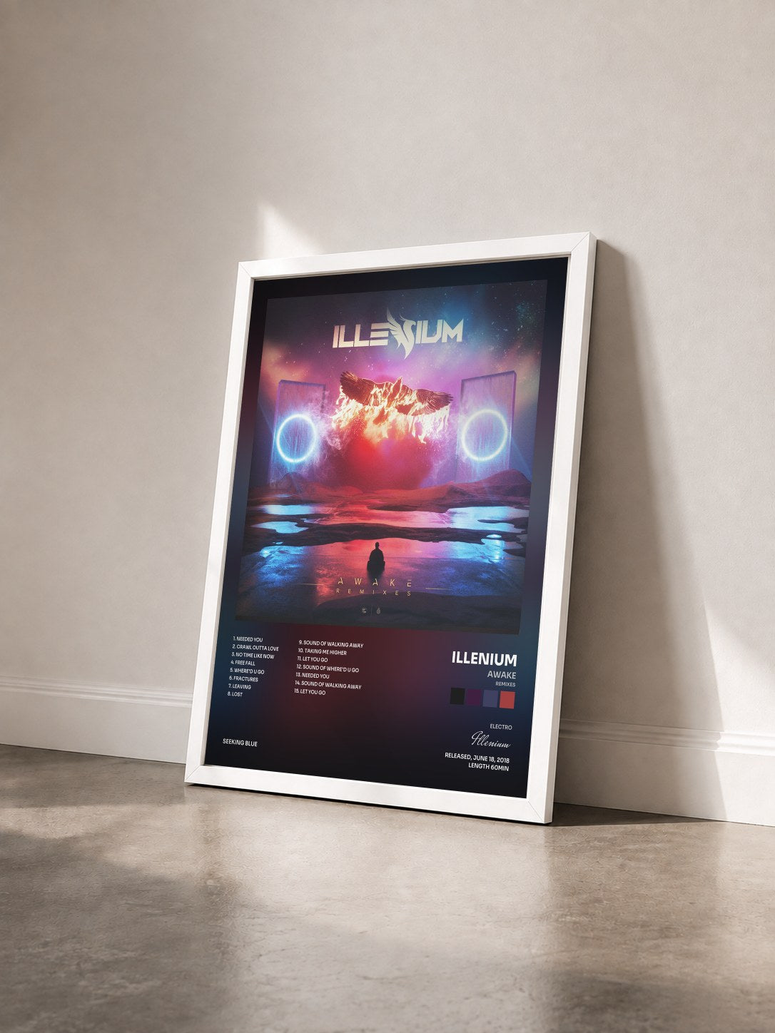 #blanc Tableau de l'album Awake (Remixes) de Illenium vu de trois quarts, cadre blanc