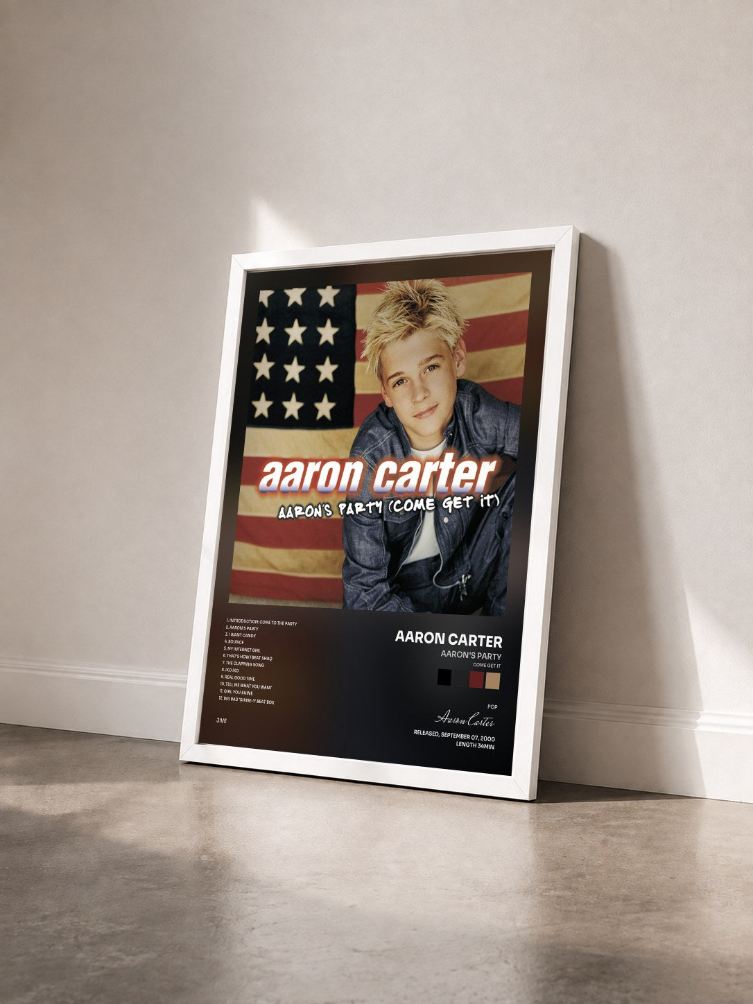 #blanc Tableau de l'album Aaron's Party (Come Get It) de Aaron Carter vu de trois quarts, cadre blanc