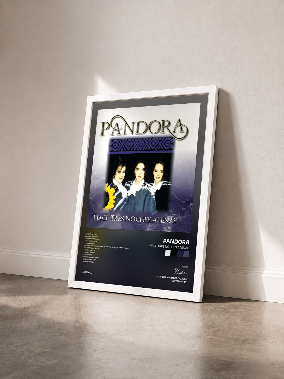 #blanc Tableau de l'album Hace Tres Noches Apenas de Pandora vu de trois quarts, cadre blanc