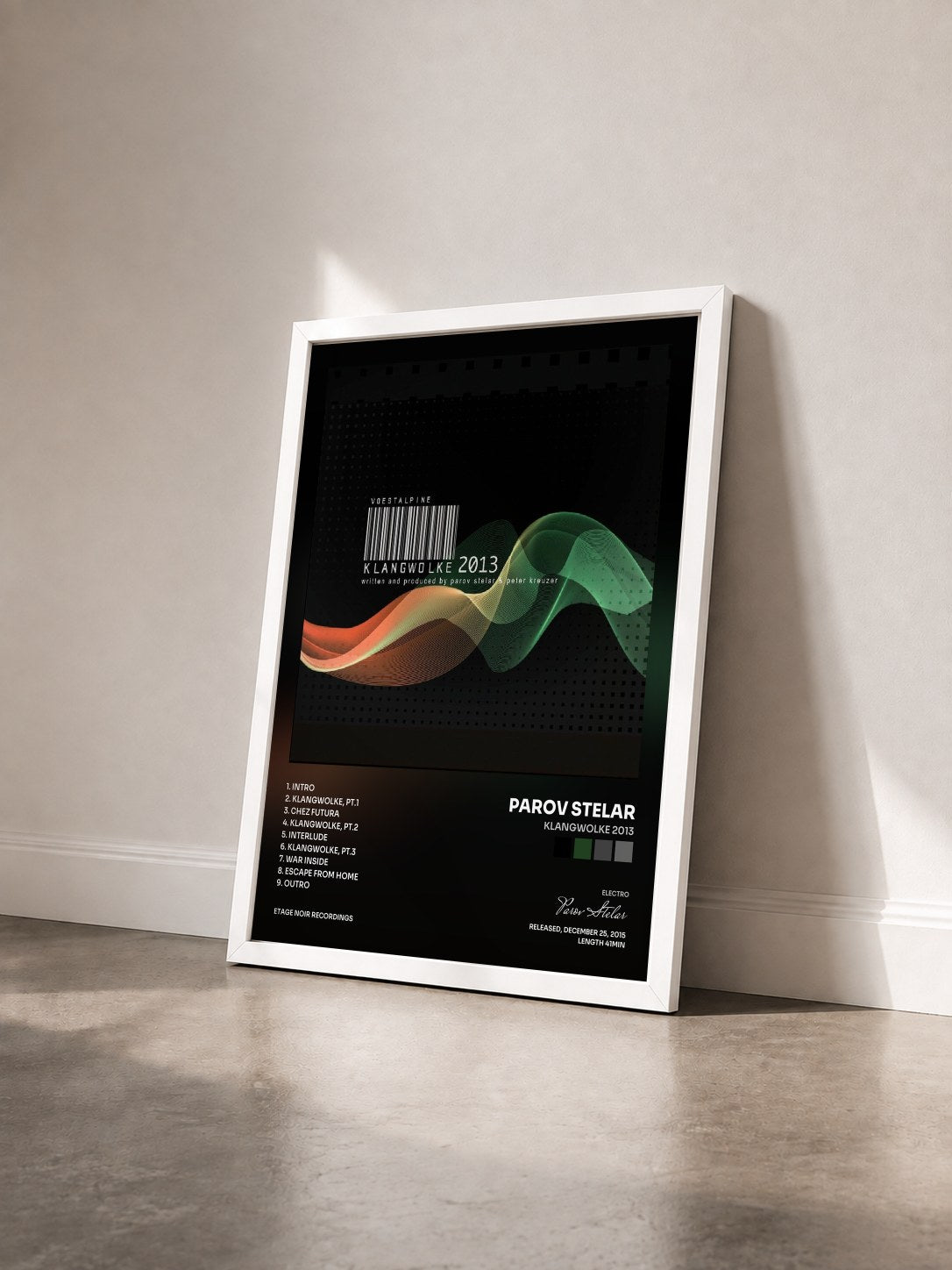 #blanc Tableau de l'album Klangwolke 2013 de Parov Stelar vu de trois quarts, cadre blanc
