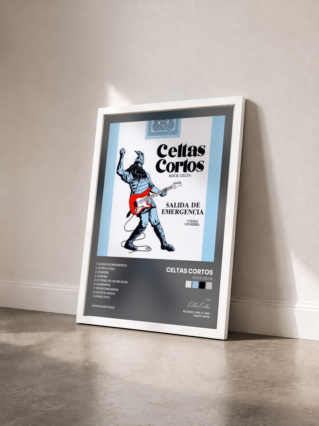#blanc Tableau de l'album Rock Celta de Celtas Cortos vu de trois quarts, cadre blanc