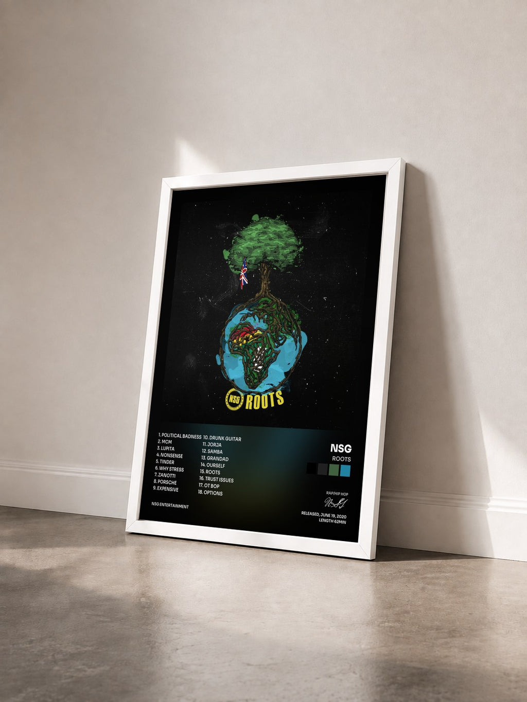 #blanc Tableau de l'album Roots de NSG vu de trois quarts, cadre blanc
