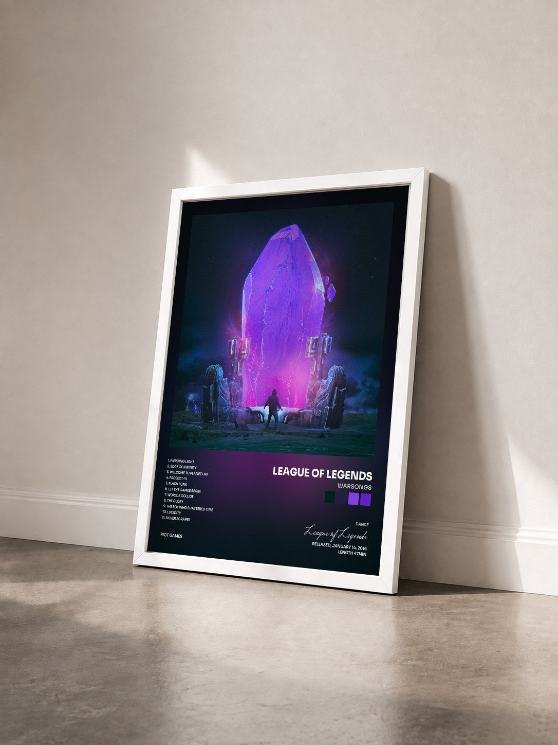 #blanc Tableau de l'album Warsongs de League of Legends vu de trois quarts, cadre blanc