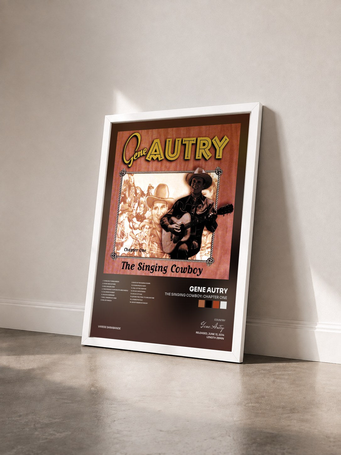 #blanc Tableau de l'album The Singing Cowboy: Chapter One de Gene Autry vu de trois quarts, cadre blanc