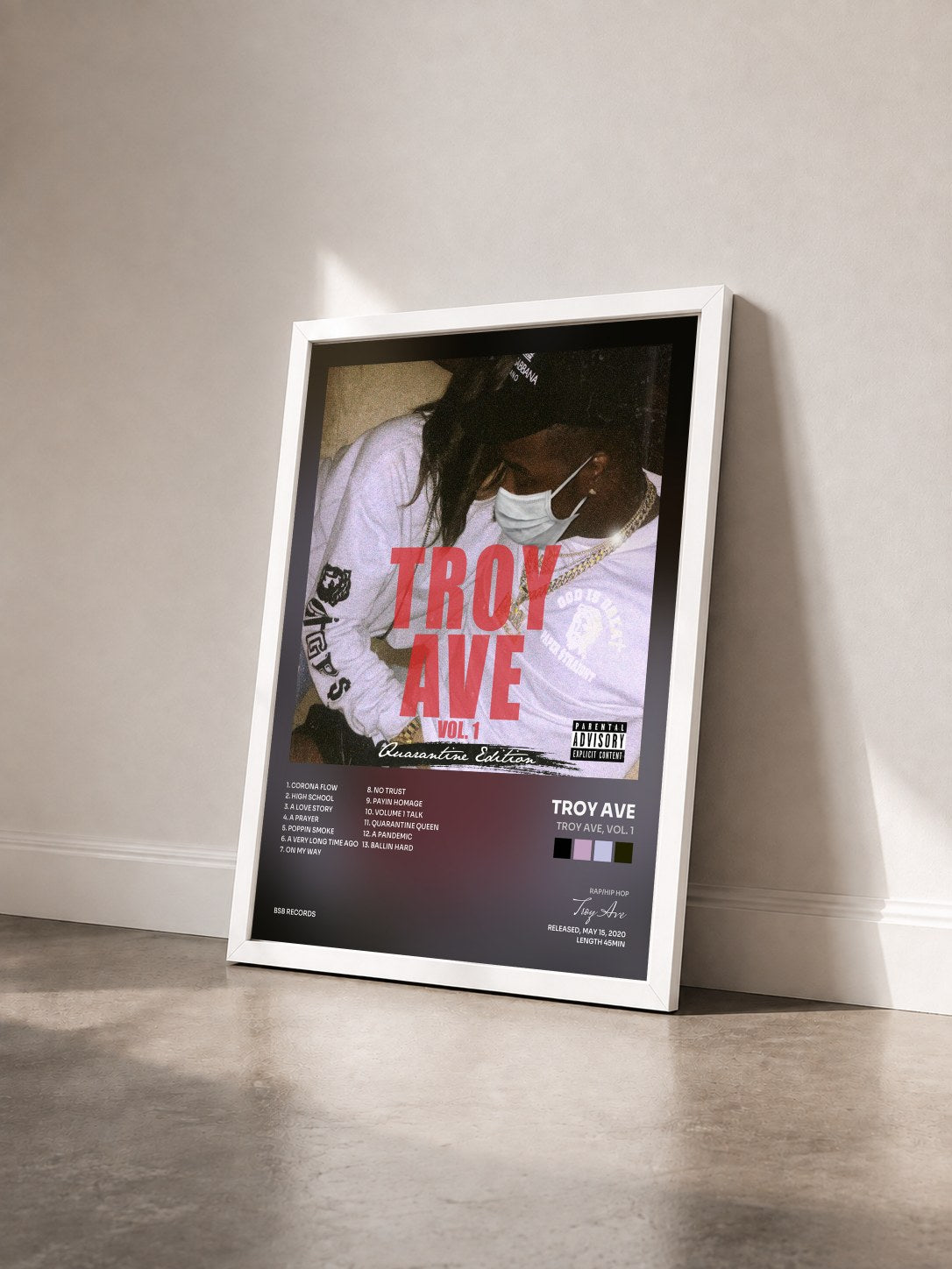 #blanc Tableau de l'album Troy Ave, Vol. 1 de Troy Ave vu de trois quarts, cadre blanc