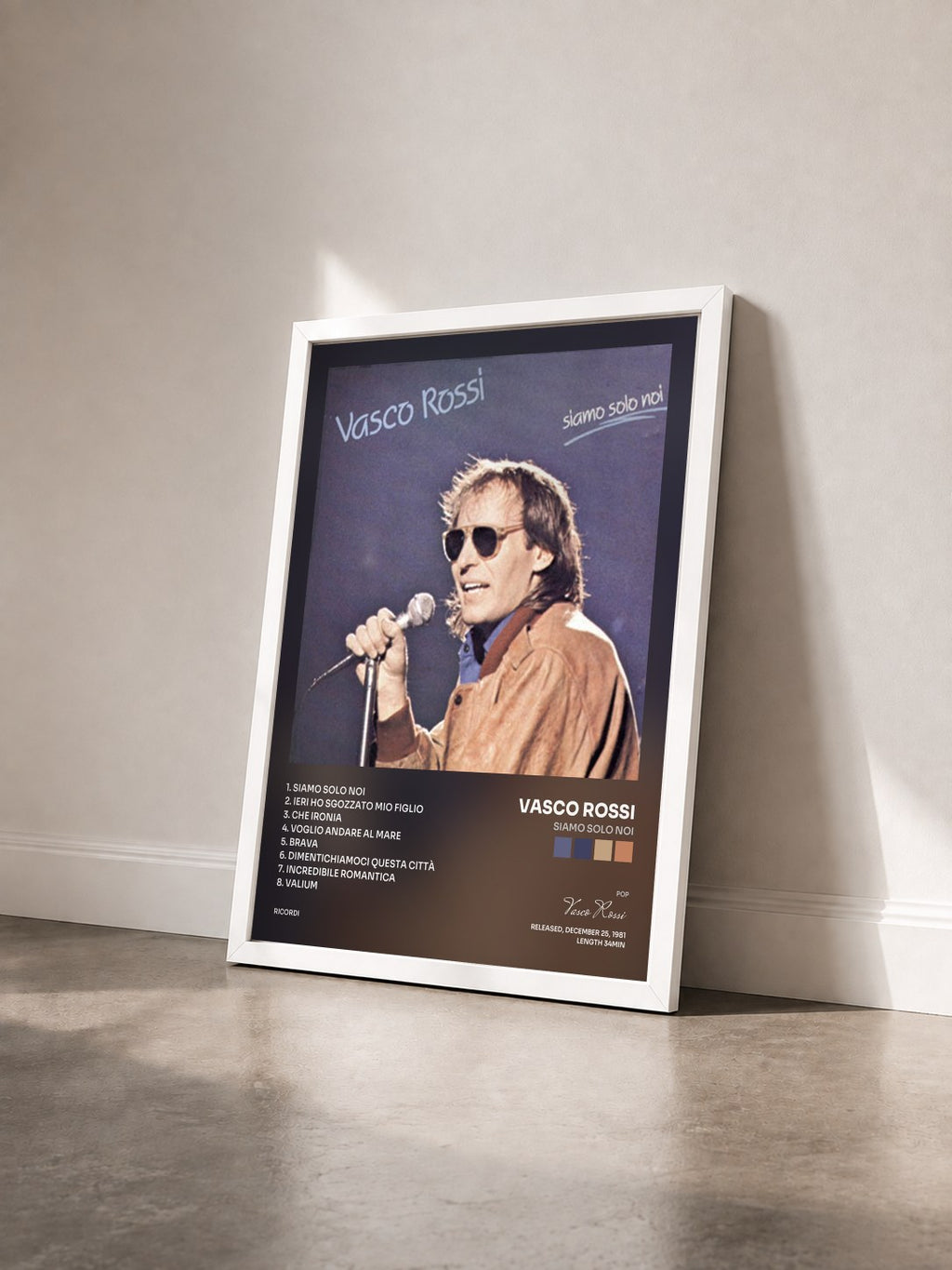 #blanc Tableau de l'album Siamo Solo Noi de Vasco Rossi vu de trois quarts, cadre blanc