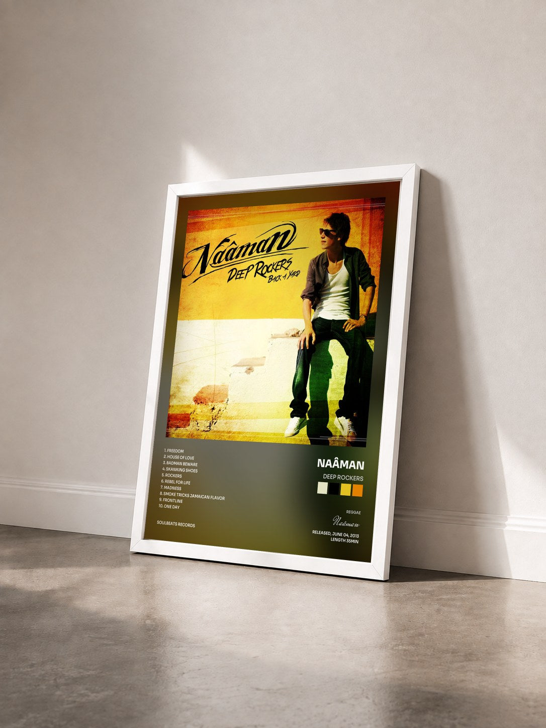 #blanc Tableau de l'album Deep Rockers de Naâman vu de trois quarts, cadre blanc