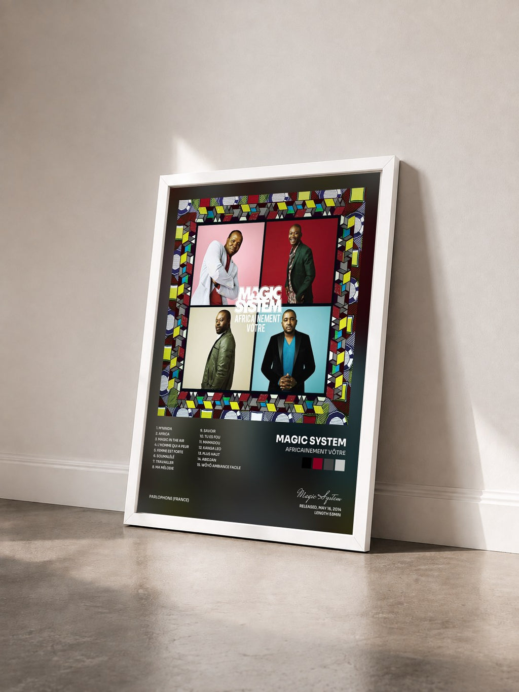 #blanc Tableau de l'album Africainement vôtre de Magic System vu de trois quarts, cadre blanc