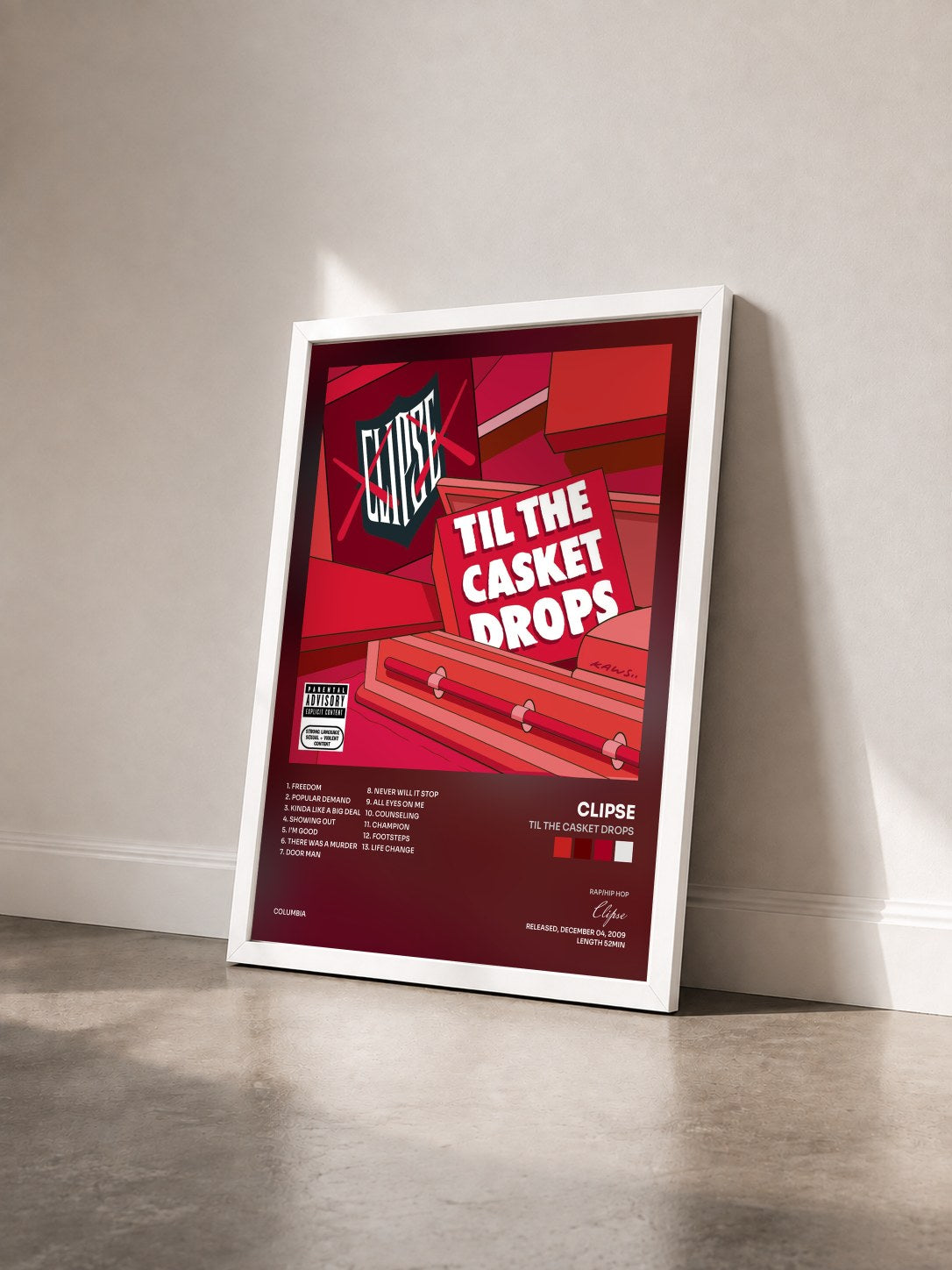 #blanc Tableau de l'album Til The Casket Drops de Clipse vu de trois quarts, cadre blanc