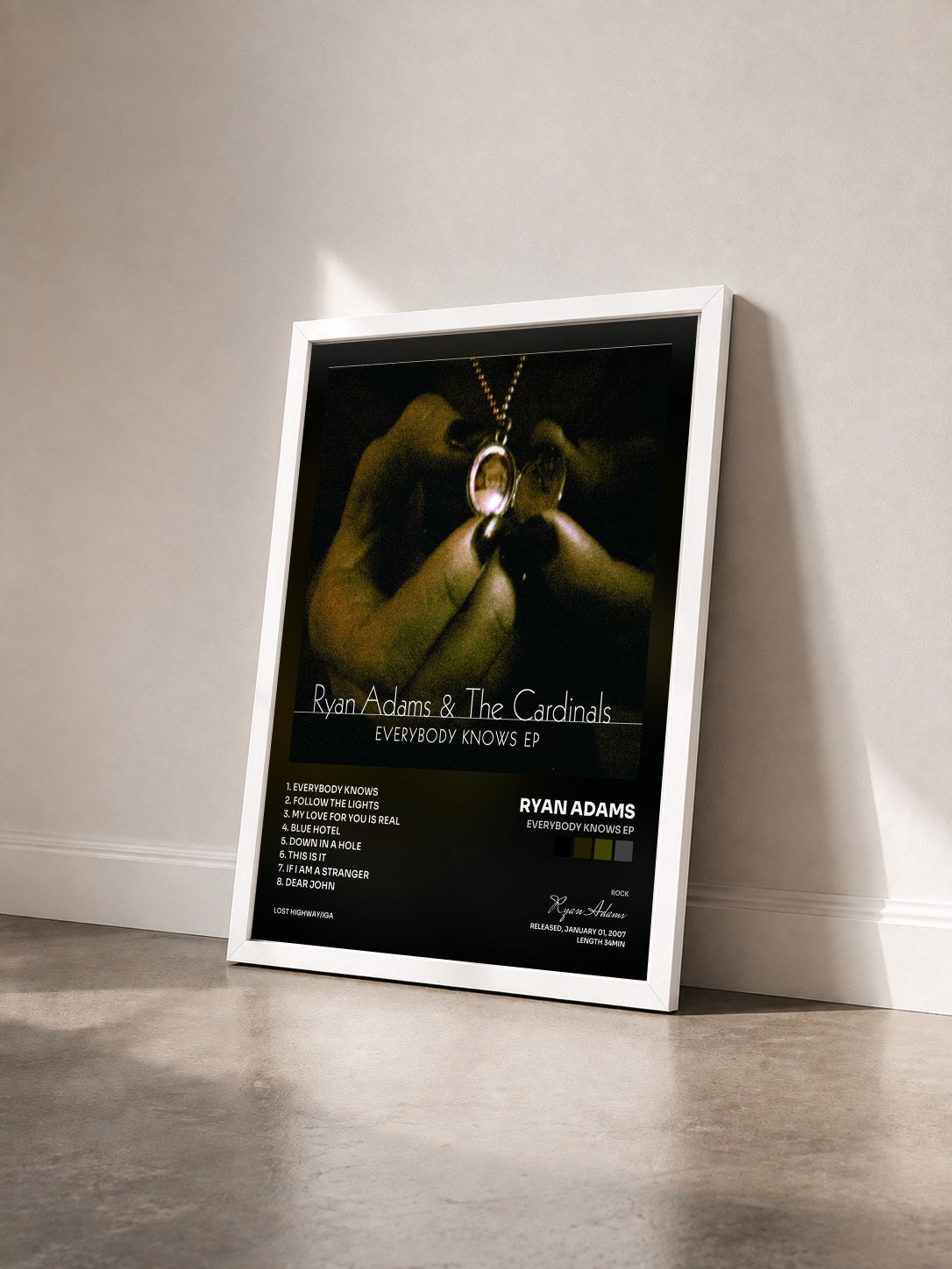 #blanc Tableau de l'album Everybody Knows EP de Ryan Adams vu de trois quarts, cadre blanc