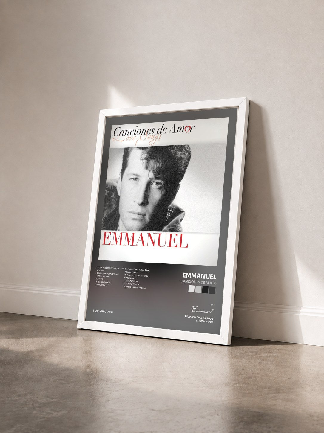 #blanc Tableau de l'album Canciones De Amor de Emmanuel vu de trois quarts, cadre blanc