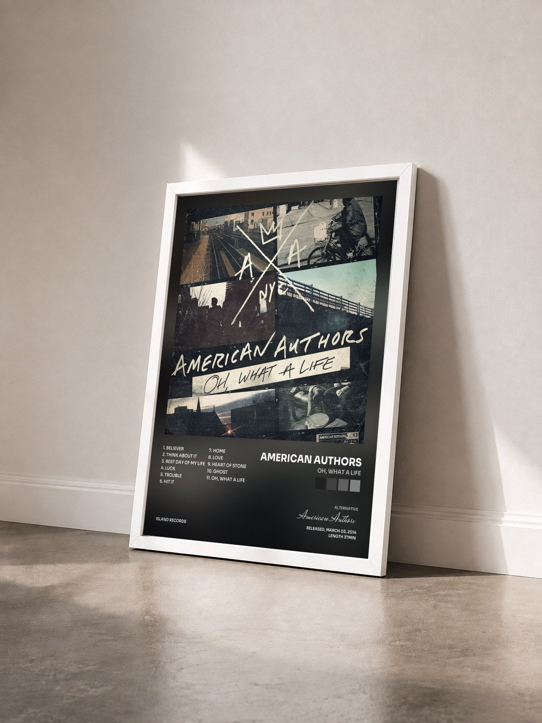 #blanc Tableau de l'album Oh, What A Life de American Authors vu de trois quarts, cadre blanc