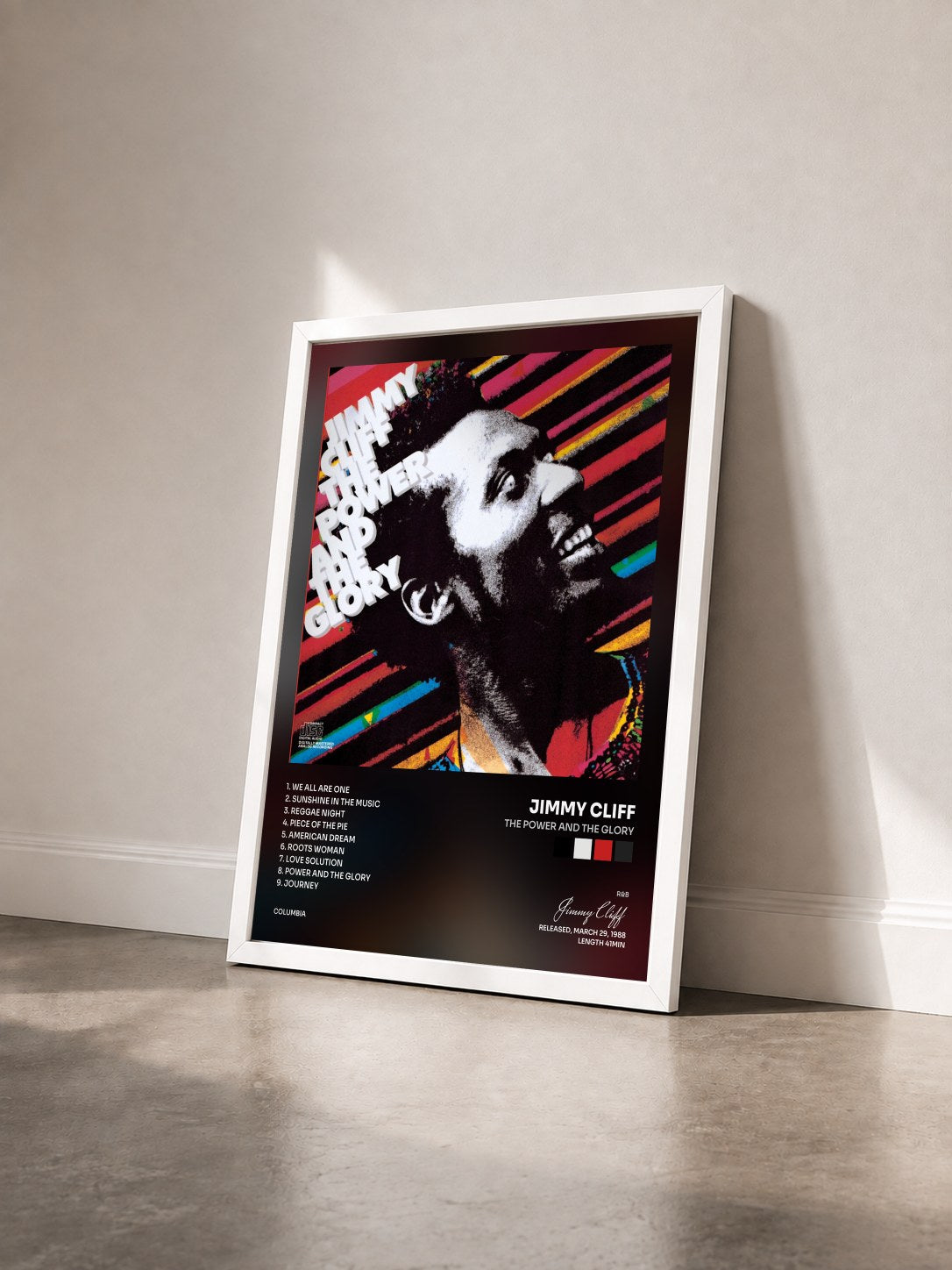 #blanc Tableau de l'album The Power And The Glory de Jimmy Cliff vu de trois quarts, cadre blanc