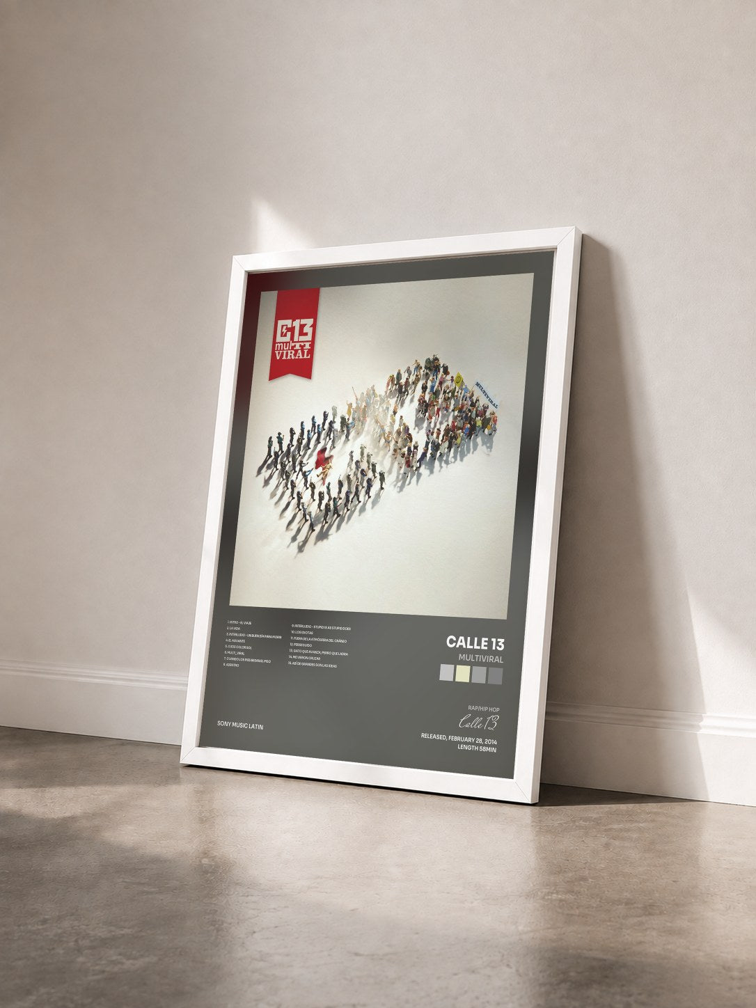 #blanc Tableau de l'album MultiViral de Calle 13 vu de trois quarts, cadre blanc