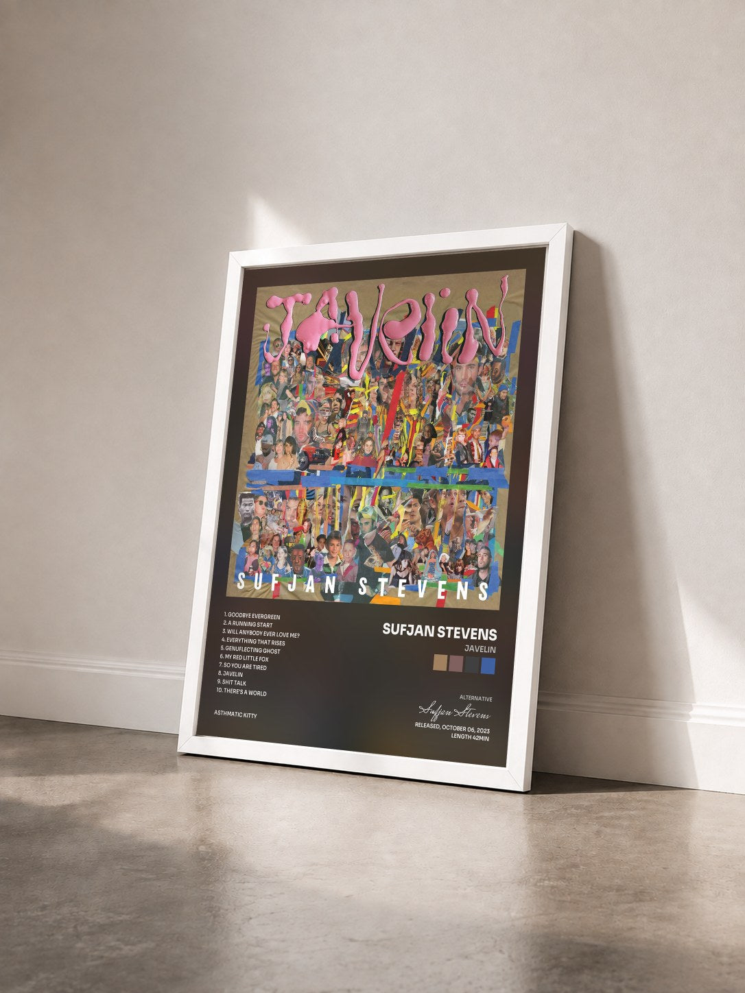 #blanc Tableau de l'album Javelin de Sufjan Stevens vu de trois quarts, cadre blanc