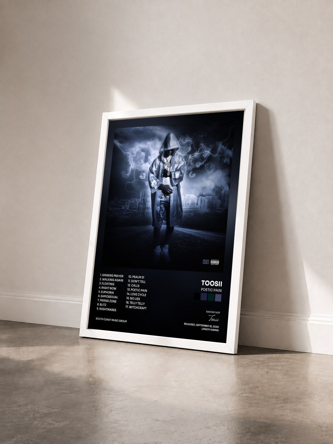 #blanc Tableau de l'album Poetic Pain de Toosii vu de trois quarts, cadre blanc